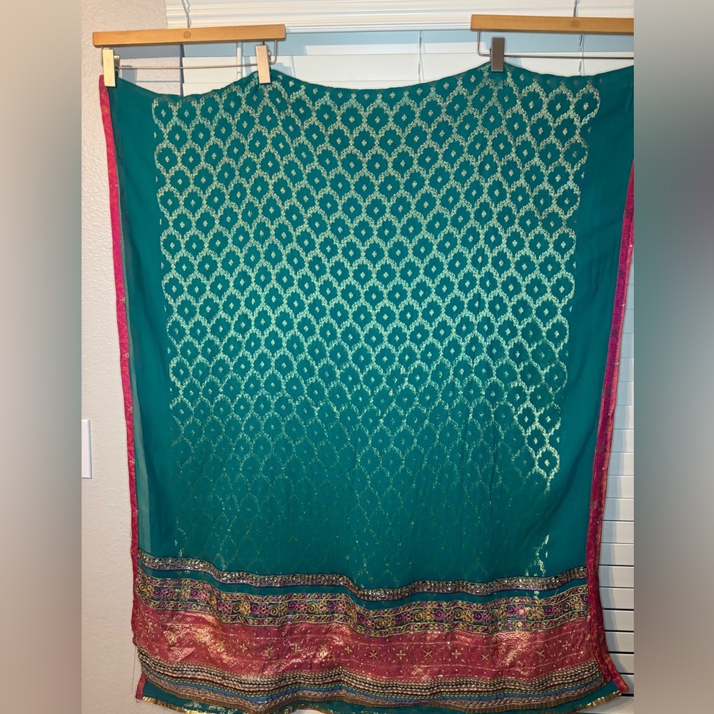 Indian Dupatta Teal Gold Pink Embroidered Zari Sheer Scarf Shawl Wrap - Picture 5 of 9